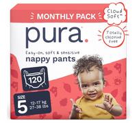 Pura Nappy Pants Size 5, 120 Count, 12-17kg, 360° Stretch Fit, Potty Training Pants for Hypoallergenic & Sensitive Skin, Up to 12 Hours Overnight Leak Protection, Totally Chlorine Free