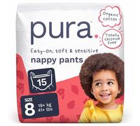 Pura Nappy Pants Size 8, 15 Count, 19kg+, 360° Stretch Fit, Potty Training Pants for Hypoallergenic & Sensitive Skin, Up to 12 Hours Overnight Leak Protection, Totally Chlorine Free