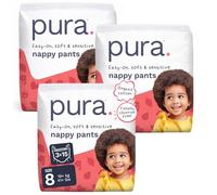 Pura Nappy Pants Size 8, 45 Count, 19kg+, 360° Stretch Fit, Potty Training Pants for Hypoallergenic & Sensitive Skin, Up to 12 Hours Overnight Leak Protection, Totally Chlorine Free