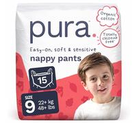 Pura Nappy Pants Size 9, 15 Count, 22+kg/48+lbs, 360° Stretch Fit, Potty Training Pants for Hypoallergenic & Sensitive Skin, Up to 12 Hours Overnight Leak Protection, Totally Chlorine Free