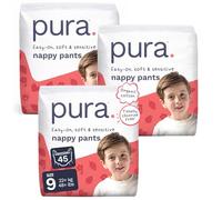 Pura Nappy Pants Size 9, 45 Count, 22+kg/48+lbs, 360° Stretch Fit, Potty Training Pants for Hypoallergenic & Sensitive Skin, Up to 12 Hours Overnight Leak Protection, Totally Chlorine Free