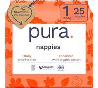 Pura Newborn Baby Nappies - Size 1 (2-5kg / 4-11lbs), 1 Pack (25 Nappies), Perfect for Sensitive Skin, Organic Cotton, Wetness Indicator, Umbilical Cord Cutout, New Size Guide