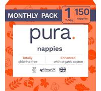 Pura Newborn Baby Nappies - Size 1 (2-5kg / 4-11lbs), 6 x 25 Nappies (150 Total), Monthly Pack, Sensitive Skin, Organic Cotton, Wetness Indicator, Umbilical Cord Cutout