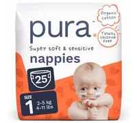 Pura Newborn Baby Nappies Size 1, 25 Count, 2-5kg / 4-11lbs, Cloud Soft Premium Nappies for Hypoallergenic & Sensitive Skin, Toxin-Free*,Wetness Indicator, Up to 12 Hours Leak Protection