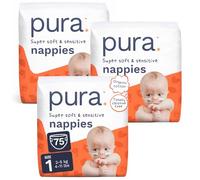 Pura Newborn Baby Nappies Size 1, 75 Count, 2-5kg/4-11lbs, Cloud Soft Nappies for Hypoallergenic & Sensitive Skin, Toxin-Free*, Blowout Blocker™, Wetness Indicator, Up to 12 Hours Leak Protection