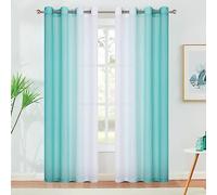 Purainbow Teal Ombre Chiffon Sheer Curtains 84 Inch Long for Living Room Bedroom Decor, Crinkle Gradient Semi Voile Grommet Top Window Curtain Drapes for Girls Room, Garden, Yard, Set of 2 Panels