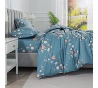 Puralens Floral Percale Duvet Cover Set King Size Light Blue 3Pcs, Shabby Rose Patterned Chic 100% Cotton Reversible Duvet Covers, Luxury Vintage Cottage Toile Bedding, Soft Bed Set, Zipper Closure
