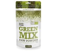 Purasana green mix raw powder, organic spirulina chlorella wheat grass barley grass - raw, no gluten, lactose, without additives, 200 gram