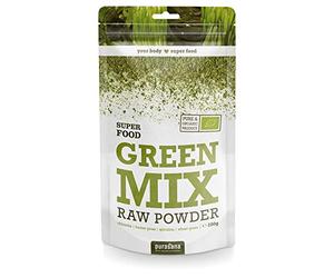 Purasana green mix raw powder, organic spirulina chlorella wheat grass barley grass - raw, no gluten, lactose, without additives, 200 gram