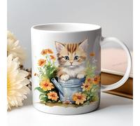 Puratails Cat Lover Coffee Mug Adorable Kitten and Floral Garden Gift for Mum & Dad (White)