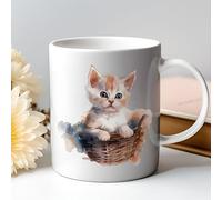 Puratails Cat Lover Mug Adorable Kitten in Basket Ceramic Coffee Cup Gift for Mum & Dad (White)