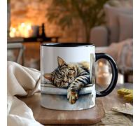 Puratails Fluffy Tabby Cat Lover Coffee Mug, Cute Longhair Feline Tea Cup Gift for Mum & Dad (Black)