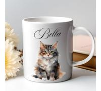 Puratails Personalised Fluffy Cat Mug with Name, Custom Long Hair Mum Gift, Dad Present (White)