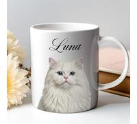 Puratails Personalised Persian Cat Mug Custom Name, Fluffy Kitten Design (White)
