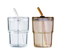 Puraville 2 Pack 400ml 12 oz Coffee Cup 2pcs Glass Cups with Lids and Straws Coffee Mug Set with Insulated Sleeve Glass Tumbler Drinking Jar, Clear and Amber