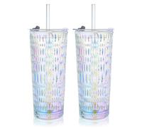 Puraville 2 Pack 550ml 18oz Glass Cups with Lids and Straws, Vintage Diamond Pattern Thickened Glassware for Whiskey Cocktail Beer, Mason Jar Drinking Glasses Tumbler Iced Coffee Cup, Rainbow