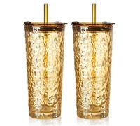 Puraville 2 Pack 550ml 18oz Glass Cups with Lids and Straws, Vintage Glacier Pattern Thickened Glassware for Whiskey Cocktail Beer, Mason Jar Drinking Glasses Tumbler Iced Coffee Cup, Amber