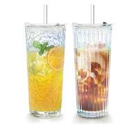 Puraville 2 Pack 550ml 18oz Glass Cups with Lids and Straws, Vintage Ribbed Striped Glacier Thickened Glassware for Whiskey Cocktail Beer, Mason Jar Drinking Glasses Tumbler Iced Coffee Cup, Rainbow