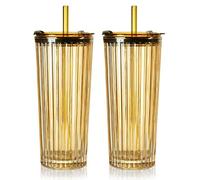 Puraville 2 Pack 550ml 18oz Glass Cups with Lids and Straws, Vintage Ribbed Striped Thickened Glassware for Whiskey Cocktail Beer, Mason Jar Drinking Glasses Tumbler Iced Coffee Cup, Amber