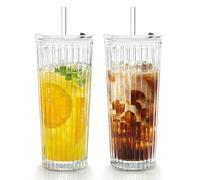 Puraville 2 Pack 550ml 18oz Glass Cups with Lids and Straws, Vintage Ribbed Striped Thickened Glassware for Whiskey Cocktail Beer, Mason Jar Drinking Glasses Tumbler Iced Coffee Cup, Clear