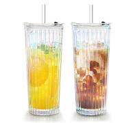 Puraville 2 Pack 550ml 18oz Glass Cups with Lids and Straws, Vintage Ribbed Striped Thickened Glassware for Whiskey Cocktail Beer, Mason Jar Drinking Glasses Tumbler Iced Coffee Cup, Rainbow