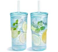 Puraville 2 Pack 600ml Glass Tumblers with Lids and Straws, Leakprook Glass Iced Tea Coffee Cups, Ribbed Glassware High Borosilicate Travel Mugs for Water, Smoothie, Milk, Shimmering Blue
