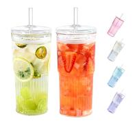 Puraville 20oz Glass Cups with Lids and Straws, 2 Pack High Borosilicate Iced Coffee Cups Drinking Glasses Tumbler for Smoothie, Water, Tea, Juice Drinks, Clear