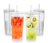 Puraville 20oz Glass Cups with Lids and Straws, 4 Pack High Borosilicate Iced Coffee Cups Drinking Glasses Tumbler for Smoothie, Water, Tea, Juice Drinks, Clear