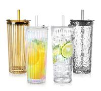 Puraville 4 Pack 550ml 18oz Glass Cups with Lids and Straws, Vintage Pattern Thickened Glassware for Whiskey Cocktail Beer, Mason Jar Drinking Glasses Tumbler Iced Coffee Cup, Multi