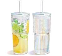 Puraville 600ml 20oz Glass Cups with Lids and Straws, 2 Pack High Borosilicate Iced Coffee Cups Drinking Glasses Tumbler for Smoothie, Water, Tea, Juice Drinks, Rainbow