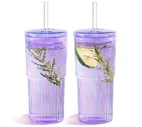 Puraville 600ml 20oz Glass Cups with Lids and Straws, 2 Pack High Borosilicate Iced Coffee Cups Drinking Glasses Tumbler for Smoothie, Water, Tea, Juice Drinks, Violet Purple