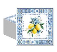 PURCAFT 20Pcs Blue Tiles Lemon Napkins Capri Lemon Bridal Shower Party Decorations Amalfi Coast Lemon Theme Disposable Napkins 6.5" x 6.5" for Wedding Birthday Bachelorette