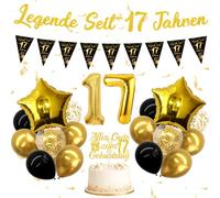 PURCAFT Birthday Boy Black Gold Decoration Set, Banner, Funny Birthday Decoration Man Complete with Number Balloons and Cake Topper for Birthday Party (17th Birthday)