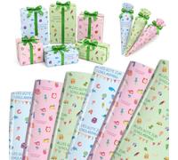 PURCAFT Wrapping Paper First Day at School, 6 Sheets 50 x 70 cm with Green String, First Day of School Packaging for Boys and Girls, School Decoration for School Cone, Sugar Cone, School Child