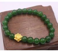 Pure 24K Yellow Gold Bracelet 3D Lotus With Green Agate Bead 7mm Bracelet 7inchL