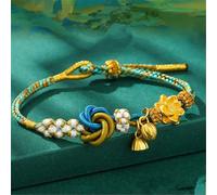 Pure 24K Yellow Gold Bracelet For Women 3D Lotus Flower Handmade Green String