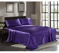 Pure Bedding 4 Piece Satin Fitted Sheets Purple Luxury Stain Resistant - Deep Pocket Fitted Sheet, Flat Sheet and Pillowcases