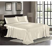 Pure Bedding Full Size 4pc Luxury Satin Sheets Set - Ivory, 1 Flat Sheet 84"x97", 1 Fitted Sheet 54"x75", 2 Pillowcases 20"x30", Deep Pocket Fitted Sheet, Wrinkle, Fade, Stain Resistant
