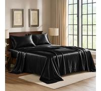 Pure Bedding Luxury 4pc Full Size Black Satin Sheets - 1 Flat Sheet, 1 Fitted Sheet, 2 Pillowcases - Deep Pocket, Wrinkle, Fade, Stain Resistant - 100% Polyester Microfiber