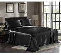 Pure Bedding Luxury 4pc Full Size Black Satin Sheets - 1 Flat Sheet, 1 Fitted Sheet, 2 Pillowcases - Deep Pocket, Wrinkle, Fade, Stain Resistant - 100% Polyester Microfiber