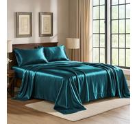 Pure Bedding Satin Fitted Sheets 4 Piece Teal Luxury Silky Extra Soft 1800 Microfiber Cloth Wrinkle Resistant Fade Stain Resistant Deep Pocket Fitted Sheet Flat Sheet Pillowcases
