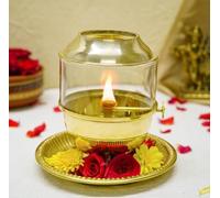 Pure Brass Akhand Jyot Diya with Glass Cover and Attached Plate - 48-Hour Long Burning Oil Lamp for Puja, Aarti, Temple, Meditation - 250ml Capacity, Adjustable Wick, Gold Finish Mandir Decor - Medium