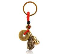Pure Brass Hollow Gourd Car Keychain, Feng Shui Five Emperors Copper Money Key Chain Pendant, Zhaocai Town House Lucky Coins Amulet for Chinese New Year Decorations Gifts (blue_style)