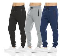 PURE CHAMP Mens 3 Pack Fleece Active Athletic Workout Jogger Sweatpants for Men with Zipper Pocket and Drawstring Size S-3XL, Black, Solid Gray, Navy Melange, Large