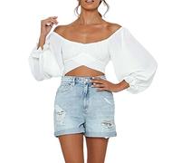 Pure Color Word Sexy Exposed Umbilical Cord Long Sleeve Strap Top Fashion Square T-Shirt Asymmetrical Top Women, White, S