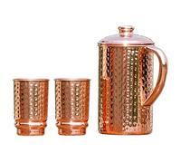 Pure Copper Ayurveda Pitcher and Tumbler Set - Hammered Design Jug with 2 Tumbers