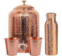 Pure Copper drinkware Water Dispenser - 8L- Hammered Finish- Pot ayurveda Health Healing 8 Liter Storage Capacity Water Container Tank with 2 Matching Tumbler Glasses & 1 Copper Bottle