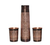 Pure Copper Water Bottle with 2 Tumblers Set, Beautiful Floral Pattern Light House Shape For Ayurveda Health Benefits