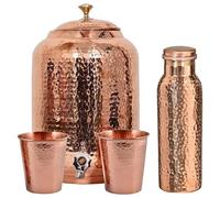 Pure Copper Water Dispenser - 8L Capacity, Hammered Finish, Ayurvedic Health Benefits, Includes 2 Matching Tumbler Glasses & 1 Copper Bottle, Handcrafted Drinkware for Healing and Hydration