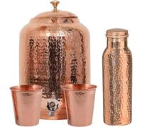 Pure Copper Water Dispenser Hammered Pot with 2 Copper Tumblers & 1 Bottle | Ayurvedic Health Benefits | Large Storage Tank for Healing, Home & Kitchen (4 Liter)